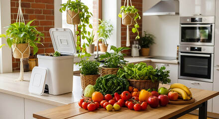 Kitchen interior with a composter, fresh vegetables, fruits, and potted plants, promoting sustainable living