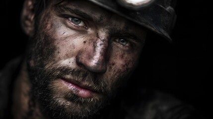 Close up portrait of a rugged miner with helmet light