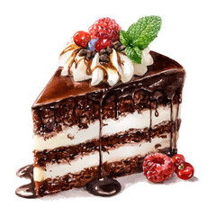 Watercolor vector illustration of Chocolate Cake, isolated on white background.