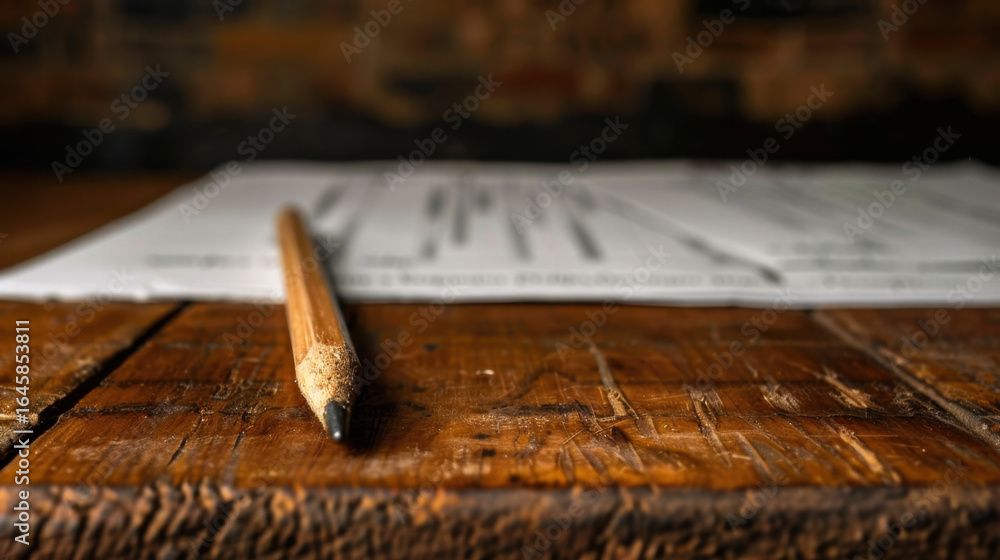 Poster neatly arranged academic test papers on wooden table with sharpened pencil resting beside them, crea