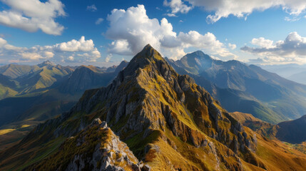 Majestic mountain ridges rise dramatically under vibrant sky, showcasing rugged peaks and lush valleys. breathtaking landscape evokes sense of adventure and tranquility