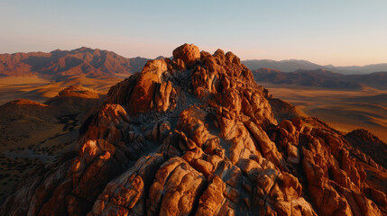 Aerial view of rugged mountain ridges at sunset, showcasing dramatic rock formations and expansive desert landscape. warm light enhances textures and colors of terrain, creating breathtaking scene