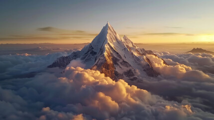 Majestic mountain peak rises above soft clouds, illuminated by warm sunlight during sunset, creating breathtaking and serene landscape