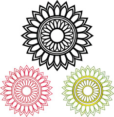 Circular floral patterns in black red and green rangoli