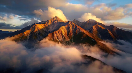 Majestic mountain peaks rise dramatically above sea of clouds, illuminated by warm glow of sunset. rugged terrain showcases stunning rock formations and vibrant colors, creating breathtaking