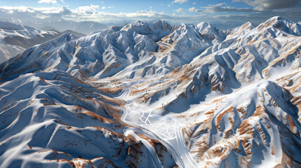 Aerial view of snow covered mountains showcasing winding roads and rugged terrain, creating breathtaking winter landscape that evokes sense of adventure and tranquility