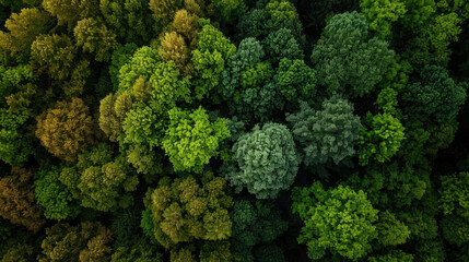 Aerial view of lush forest showcasing various shades of green, highlighting beauty of nature and diversity of tree species. vibrant foliage creates serene and calming atmosphere