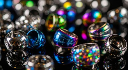 Macro Photography Captures the Iridescent Hues of Small Metal Beads with Reflective Surfaces Showcasing Vibrant Colors and Intricate Designs
