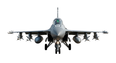Jet fighter with missiles isolated on black background, front view