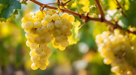 Ripe white grapes on vine in sunlight, close-up macro of fresh fruit in vineyard during harvest season