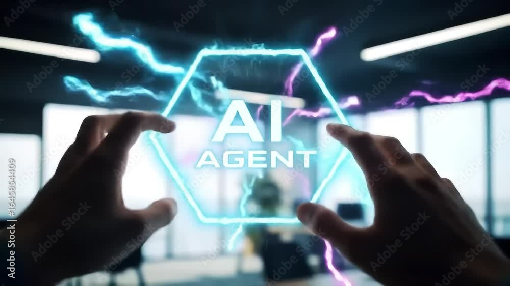 Poster interacting hands illuminate ai agent hexagon symbol in futuristic modern setting