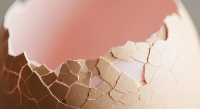 Close up of a cracked eggshell revealing the pink interior with a textured surface showing fragile origins and new beginnings - Powered by Adobe