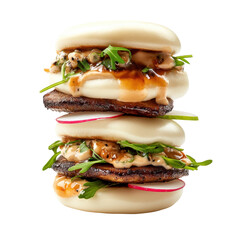 Delicious Asian-style bao buns filled with savory grilled chicken, fresh herbs, and a rich sauce, perfect for a flavorful meal or snack. on transparent background