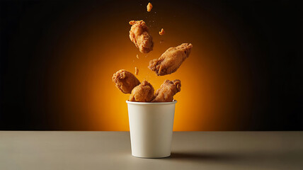 Crispy Fried Chicken Wings Ascending from a White Bucket Against an Orange Backdrop for Appetizing Presentation