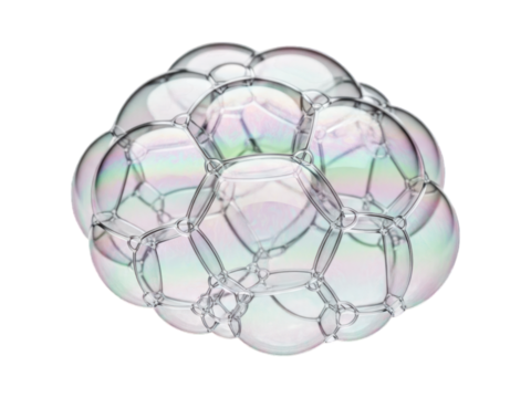 Interconnected iridescent bubbles form a spherical cluster against a black backdrop