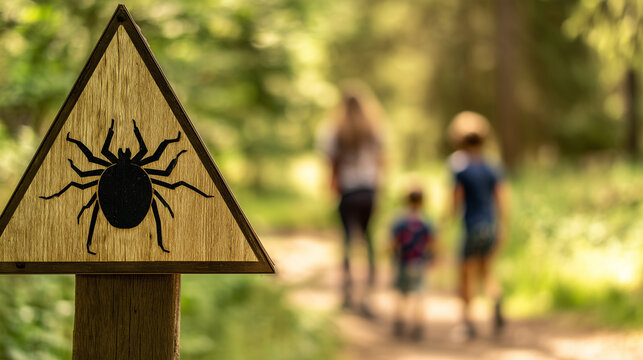 Wooden tick warning sign on a forest trail, with children and an adult walking in the background. Ideal for content about Lyme disease, tick-borne infections, and outdoor safety