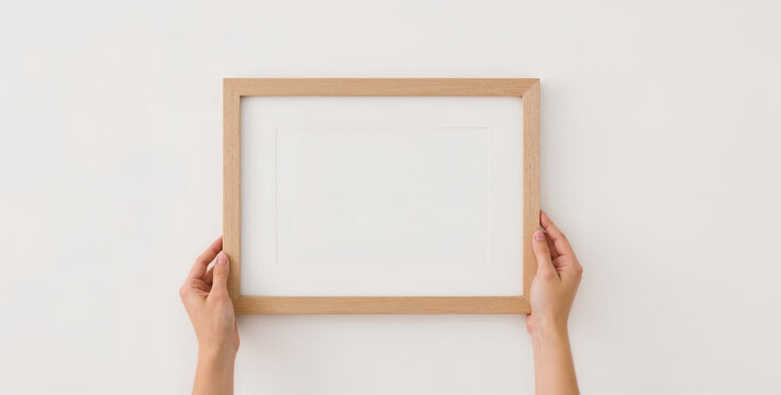 Female hands holding a wooden frame mockup isolated on white background, perfect for displaying artwork, posters, or photos in a clean and modern way, ideal for interior design and home decor mockup