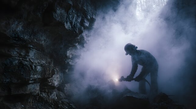 Worker using jackhammer inside rock tunnel with intense lighting and steam