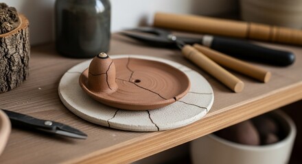 Artisanal Cracked Terracotta Incense Burner in a Serene Still Life
