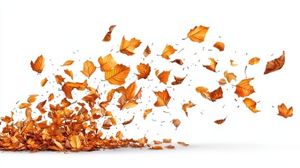 A stream of vibrant autumn leaves, swirling and scattering against a stark white backdrop, creating a dynamic sense of motion and seasonal change