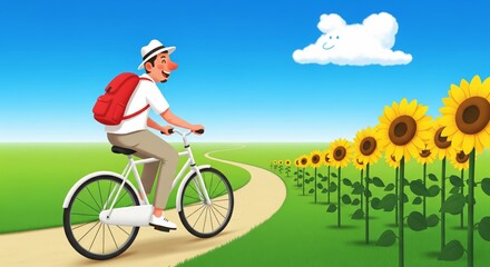 Fototapeta premium Man riding a bicycle through a field of sunflowers under a bright blue sky with a smiling cloud