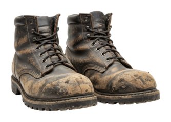 Exploring muddy work boots outdoor construction site product rugged environment hard work concept. Cut out png