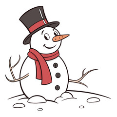 Charming cartoon snowman wearing a top hat and red scarf in the snow