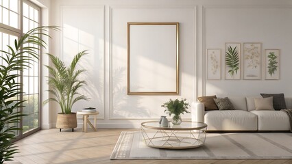 Fototapeta premium Blank picture frame mockup on white wall. Template for painting or poster. White living room interior design. View of modern rustic style interior with artwork mock-up