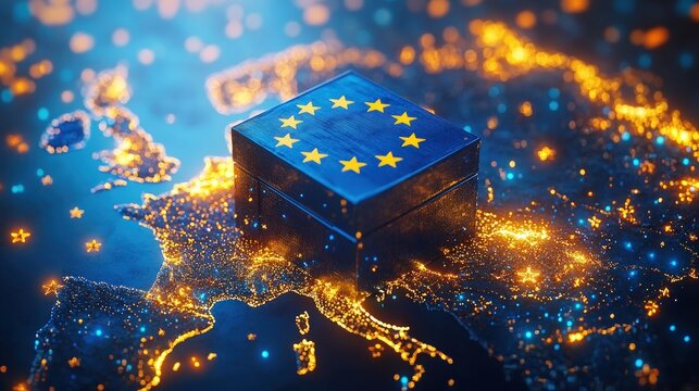 European Union box atop illuminated map