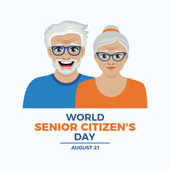 World Senior Citizen's Day poster vector illustration. Happy elderly senior couple cartoon. Cheerful caucasian old man and woman vector. Template for background, banner, card. 21 August each year