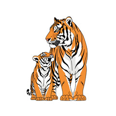Illustration of a tiger and its cub, standing and sitting together.