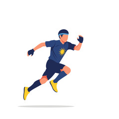 A dynamic vector illustration of a male athlete sprinting in a blue uniform with a yellow sun emblem.