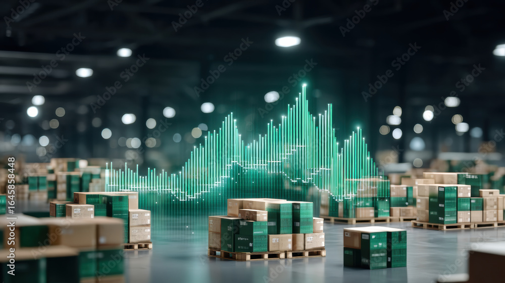 Aufkleber warehouse logistics storage solutions concept with stacked cardboard boxes on wooden pallets and dig