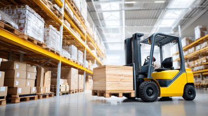 Naklejka premium Forklift carrying wooden crate in warehouse logistics storage solutions with organized shelves and boxes for efficient inventory management