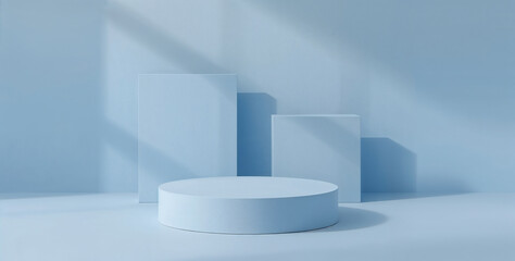 Minimalistic blue podium with geometric shapes for product display, presentation, or advertising, creating a modern and stylish scene with abstract elements and pastel color mockup