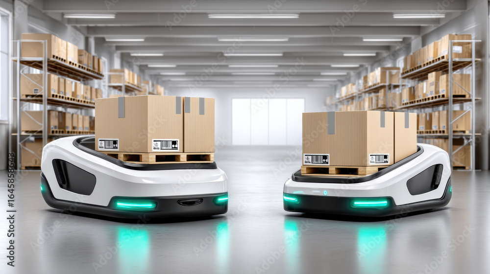 Poster autonomous robots transporting cardboard boxes on pallets in warehouse showing logistics storage sol