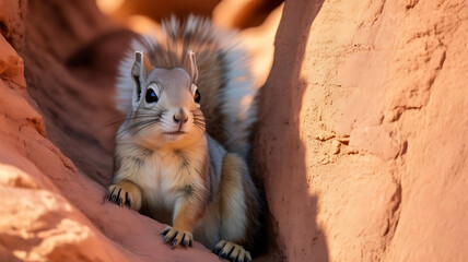 Squirrel Sheltering From the Desert Sun in a Sandstone Rock Formation, Looking Directly at the Viewer
