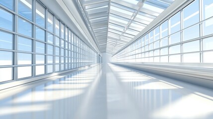 Obraz premium A bright, modern corridor with large windows and a reflective floor, leading towards an open space filled with natural light.