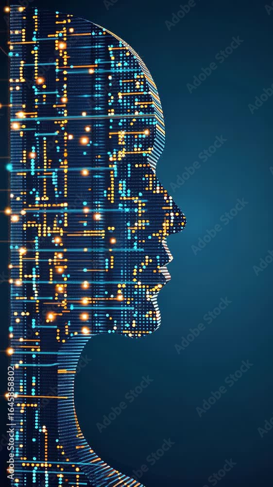 Poster an intricate design showcases a human profile made up of glowing lines and dots, representing the fu