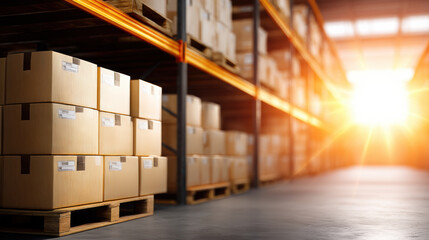 Warehouse logistics storage solutions with stacked cardboard box on wooden pallet and metal shelf in bright sunlight