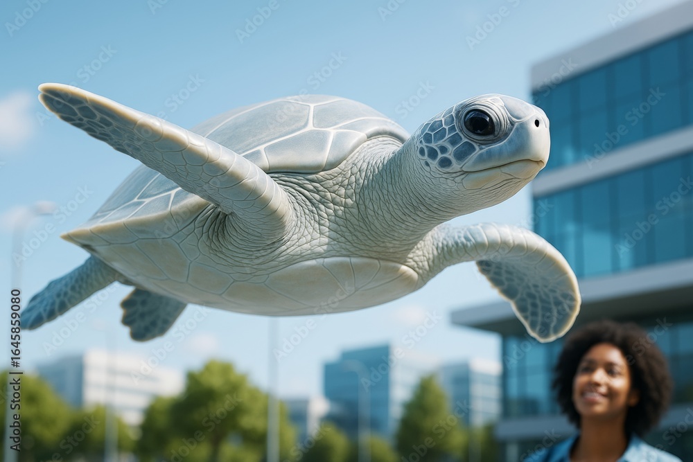 Poster Surreal floating turtle in urban setting with smiling woman in background and modern buildings under clear blue sky in daylight scene. Ai generative
