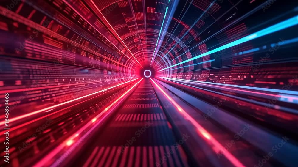 Poster dynamic neon tunnel with vibrant light trails and digital grid effect