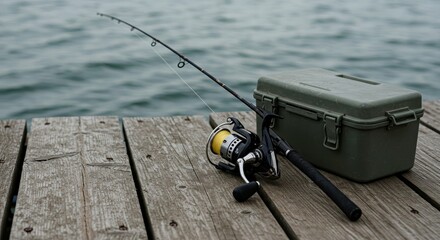 Fishing rod and tackle box on wooden pier near water surface  