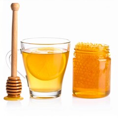 Honey, lemon tea, and honeycomb in glass