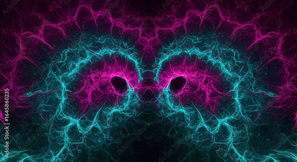 Poster abstract fractal art featuring pink and teal intertwined patterns with dark central voids mirrored d