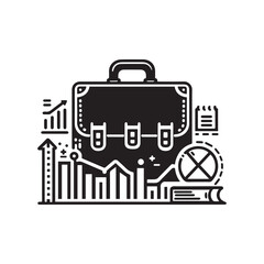 Briefcase with Arrow Up and Pie chart Icon Vector Black and White