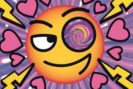 Dynamic emoji with swirling eye, hearts, and lightning bolts creating vibrant energy and fun vibes