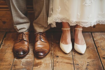 Wedding shoes groom bride rustic wood floor