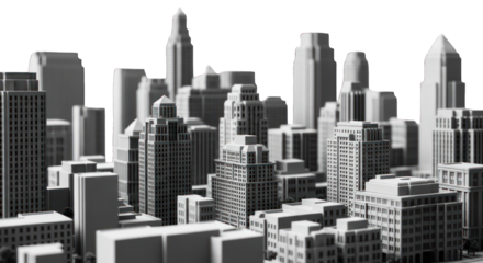 Monochrome cityscape featuring towering buildings with intricate details, under a dark sky