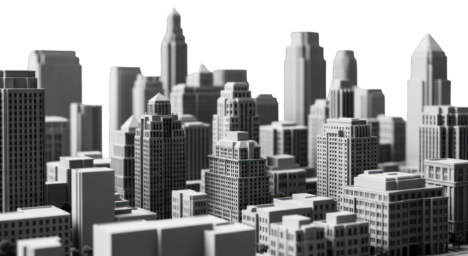 Monochrome cityscape featuring towering buildings with intricate details, under a dark sky